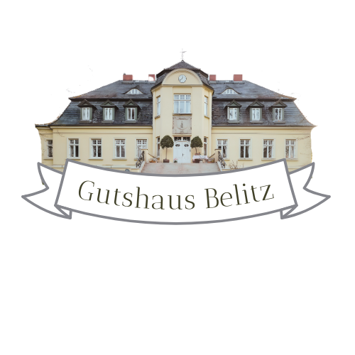 Foto Gutshaus mit Bandage "Gutshaus Belitz" gebogen darunter. 